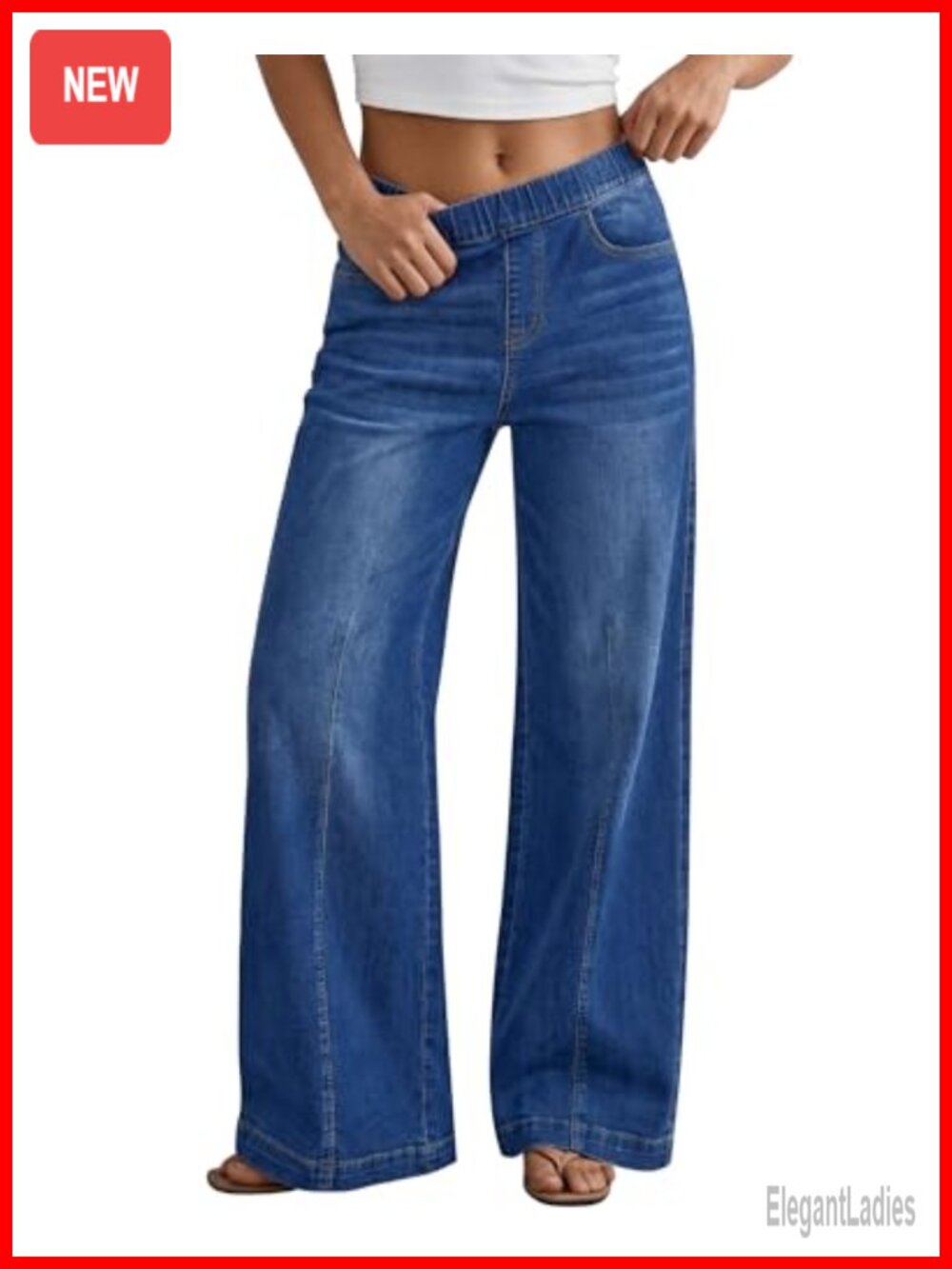 Wide Leg Jeans High Rise Pull On Elastic Waist Denim Pants